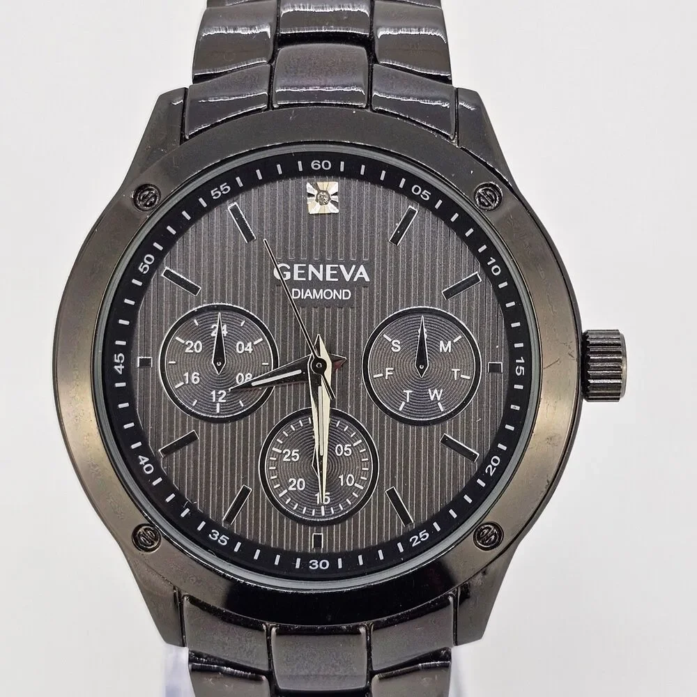 Geneva Diamond Men Quartz Watch 42MM Black Dial Bracelet Band 7.75